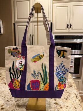 America & Beyond Canvas Boat Tote Bag with Purple Trim and Marine Embroidery